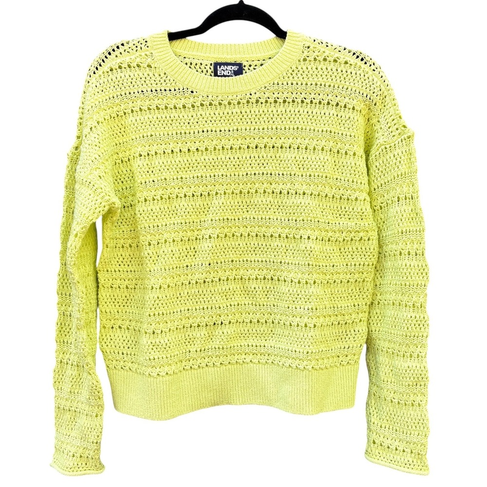 Lands End Womens XS Sweater Neon Yellow Green Crochet Open Knit Coastal Beachy